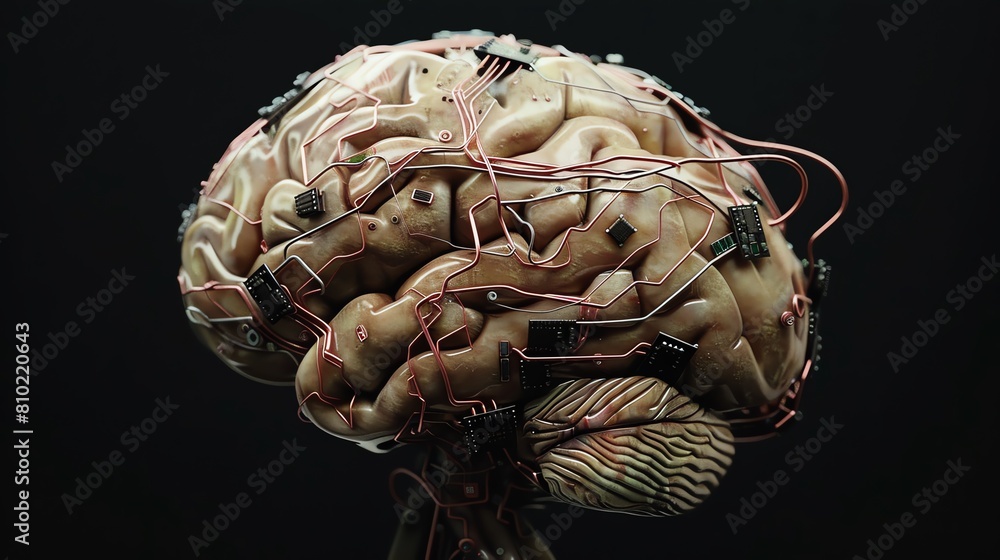 A detailed model of a human brain interlaced with red wires against a ...