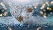 © Nayeli - snowflake heart shape with bokeh and falling blue and gold frozen snowflakes luxorious magical pastel christmas new year love valentine engagement gift present generative ai