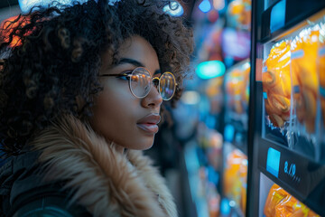 Poster - A contented customer browsing through a virtual storefront, their eyes alight with excitement as they discover new products. Concept of joyful online exploration. Generative Ai.