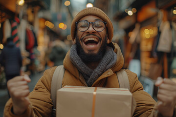 Sticker - A jubilant buyer participating in online flash sales, their heart racing as they snag limited-time deals and discounts. Concept of exciting flash shopping events. Generative Ai.