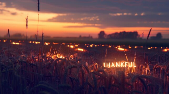 Neon Text Art In Dreamy Landscapes. Sunset over a wheat field with the glowing word Thankful.
