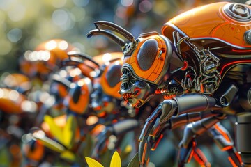 Aufkleber - Close-up view of advanced orange robots with intricate designs, set against a blurred background of their counterparts amidst green foliage