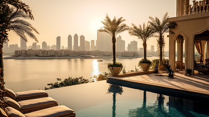 A pool with a city skyline in the background. The pool is surrounded by palm trees and has a view of the water