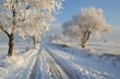 Serene winter scene with snow-laden trees flanking a snowy path on a tranquil, frosty morning under a clear blue sky