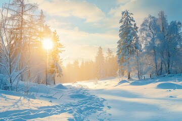 Aufkleber - Captivating sunbeams shining through the icy trees in a peaceful snow-covered forest, crafting a enchanting winter scene at sunrise