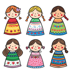 Sticker - Six cartoon dolls smiling, colorful dresses, cute hairstyles. Childlike drawing style, doodle dolls collection, isolated white background. Playful kids characters, handdrawn, simplistic facial