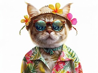  Embrace the spirit of Songkran and the summer season with a whimsical concept featuring a Scottish cat dressed in summer clothes and sunglasses against a crisp white background