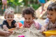Playful toddlers enjoying a sandbox adventure on a sunny day