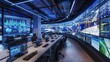 © Cassova - A futuristic urban traffic control room with multiple large screens and workstations.