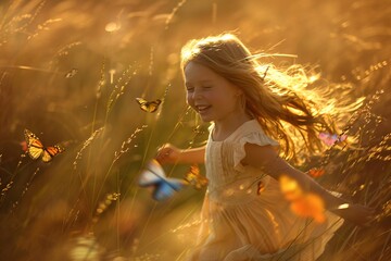 a young girl giggling as she chases colorful butterflies through a sunlit meadow, surrounded by the 
