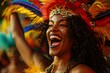 A close-up shot of a Rio Carnival dancer, adorned in elaborate costumes and colorful accessories, dancing with exuberance