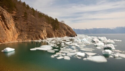 Wall Mural - melting ice floes in the blue water of baikal lake in spring baikal lake siberia russia