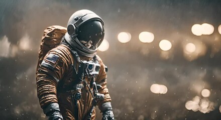 Wall Mural - Astronaut in Space Suit Standing in Rain