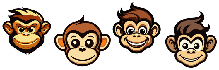 Sticker - monkey logo design cartoon, black and colour vector hand-drawn illustration in a bold graphic style, simple shape silhouette