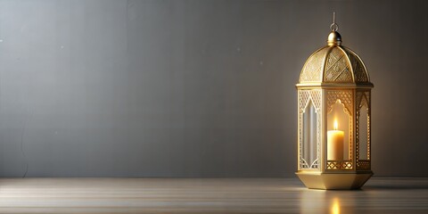 Wall Mural - Ornate golden lantern with a glowing candle inside, symbolizing islamic festivities, set against a warm banner textured background for ramadan and eid celebration