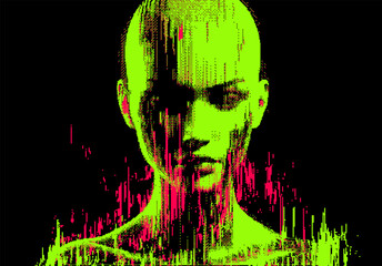 Aufkleber - Distorted silhouette of a bald human head. Conceptual image of facial recognition and anonymity systems. Cyberpunk pixel art style vector illustration.
