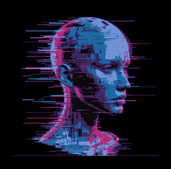 Poster - Glitched and pixelated silhouette of a 3D human head on a dark background. Conceptual vector illustration of a futuristic robot and human-like android. 