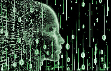 Aufkleber - Silhouette of a human head made of binary code. Conceptual image of Artificial Intelligence, Virtual Reality, Deep Learning and Face recognition systems. Cyberpunk style vector illustration.