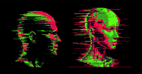 Aufkleber - Glitchy pixelated green and red 3D human face silhouettes on dark background. Conceptual vector illustration of identity in the age of technology. 