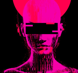 Aufkleber - Distorted silhouette of a bald human head. Conceptual image of facial recognition and anonymity systems. Cyberpunk pixel art style vector illustration.