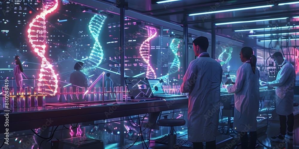 Scientists working in a futuristic lab with holographic DNA structures ...