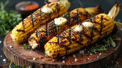 Wall Mural - Delicious ears of corn on the cob cooked on a grill. 
