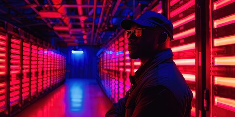 Wall Mural - man stands in glowing server room