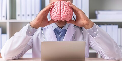 Wall Mural - a psychiatrist or neurologist holding a brain in his office with a laptop on the desk in the hospital - mental healthcare concept