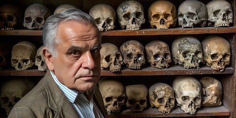 old male mortician standing in front of shelves filled with skulls