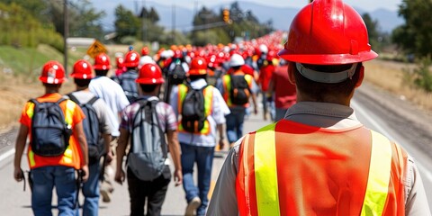 construction worker adult watching over a crowd of young student interns in hard hats