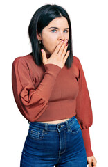 Poster - Young brunette woman with blue eyes wearing elegant sweater bored yawning tired covering mouth with hand. restless and sleepiness.