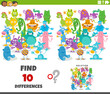 differences game with cartoon monsters characters group