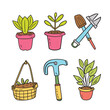 Handdrawn garden tools plants set, featuring potted foliage, gardening equipment colorful illustration. Pink pots contain green leafy plants, blue trowel, brown broom crossed, yellow basket bulbs