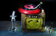 Super grungy turntable assemblage with vinyl record.
