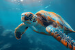 wildlife a sea turtle swimming towards the surface in the blue ocean. Generative AI