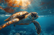 wildlife a sea turtle swimming towards the surface in the blue ocean. Generative AI