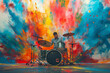 Colorful Explosions: Drummer Playing Drums Amidst Burst of Vibrant Paints. Generative AI