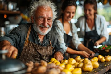 A smiling elderly man is surrounded by two women enjoying the cooking process together in a homey kitchen setting with fresh produce