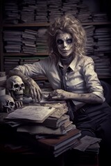 Sticker - creepy skull-faced figure in business attire sitting at a cluttered desk