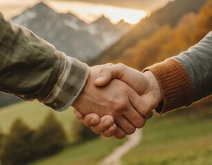 mains de deux homme se donnant une poignée de main à la campagne, en ia