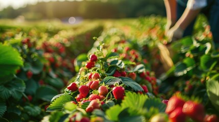 Wall Mural - farmer inspecting rows of ripe strawberries in a lush field