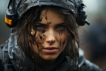 Poster - Intense gaze of a determined soldier in the field