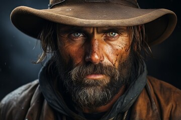 Sticker - Rugged and weathered face of a bearded man in a cowboy hat