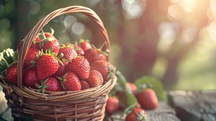 Wall Mural - Juicy ripe strawberries nestled in a rustic basket on a sunlit farm stand
