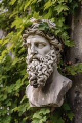 Sticker - Weathered stone bust of a bearded man with leaves