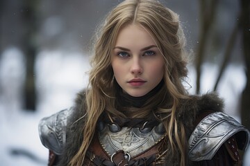 Poster - Fierce female warrior in winter landscape