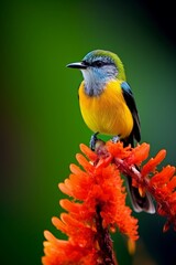 Poster - Vibrant yellow bird perched on orange flower