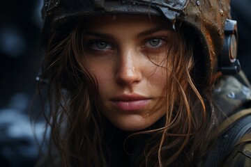 Wall Mural - Intense gaze of a determined female soldier