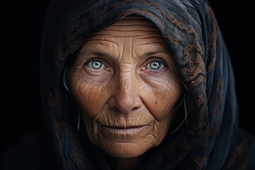 Weathered face of elderly person in dark hood