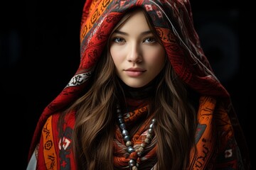 Mysterious woman in red hooded scarf